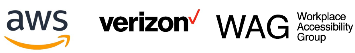 Logos of AWS (Amazon Web Services), Verizon, and WAG (Workplace Accessibility Group) displayed side by side, representing partnerships or collaborations related to workplace accessibility.